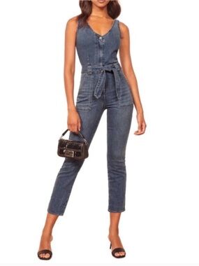 Reformation Dark Blue Denim Tie-Waist Jumpsuit. Size 4. Sexy.
